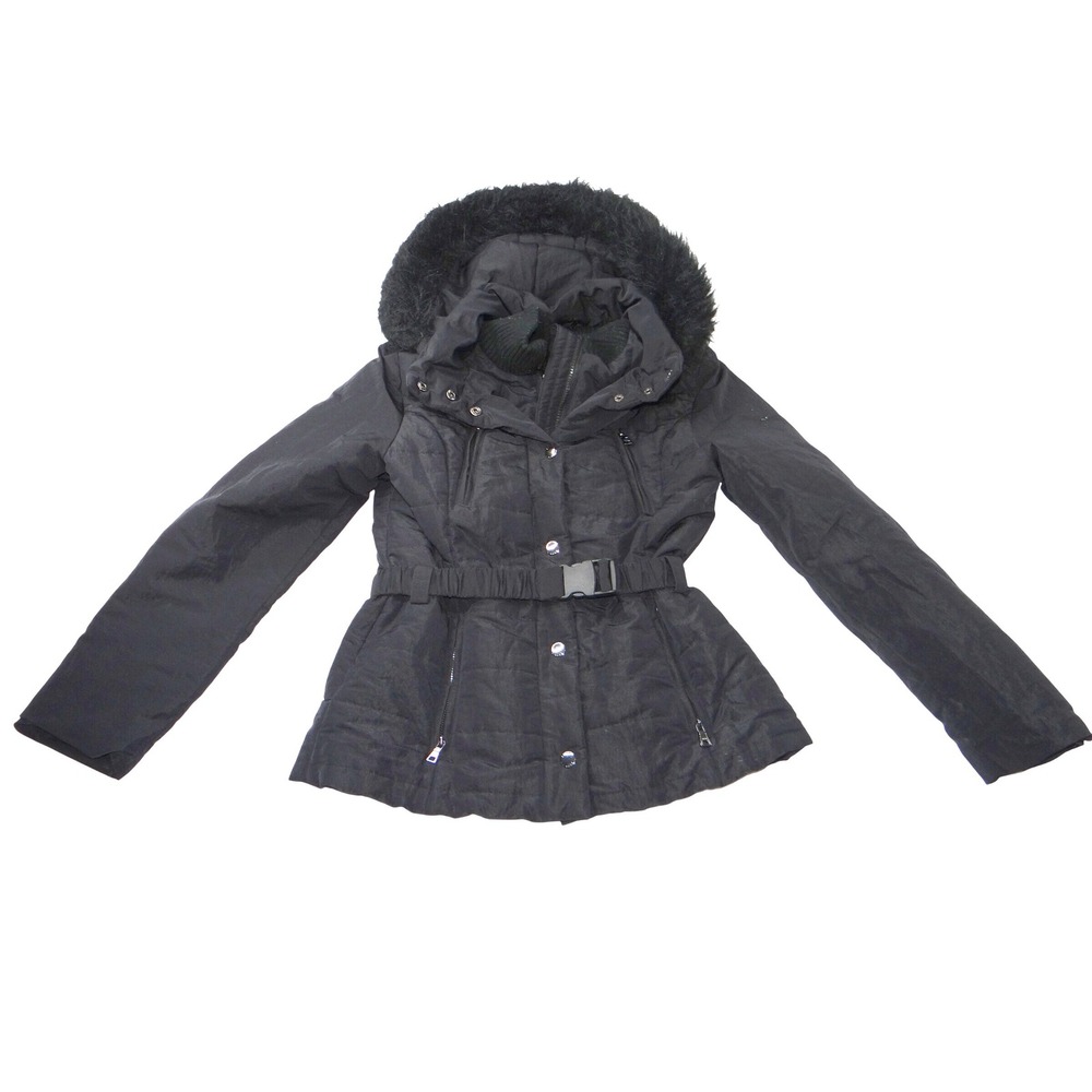 Esprit Black Faux Fur‎ Trim Hooded Belted Winter Jacket Coat Women Size L